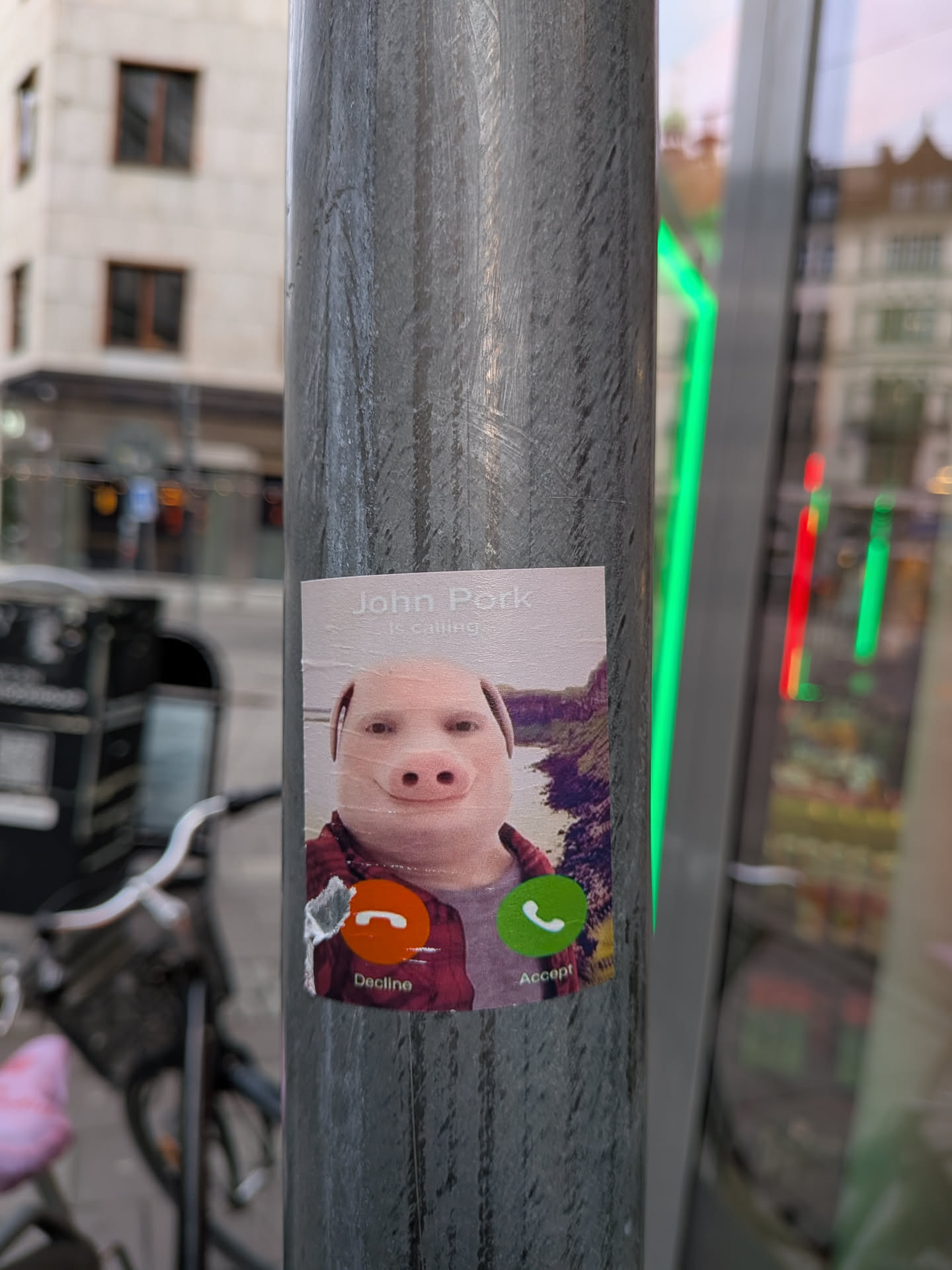 The sticker depicts a humorous representation of a phone call interface. At the top, it reads 'John Pork is calling...'. The central image is a close-up of a pig's face, with realistic features and a slightly smiling expression, wearing a red and black plaid shirt. Below the pig's face are two circular buttons: a red 'Decline' button with a phone receiver icon and a green 'Accept' button with a phone icon. The background behind the pig's head appears to be a scenic landscape with trees and water.