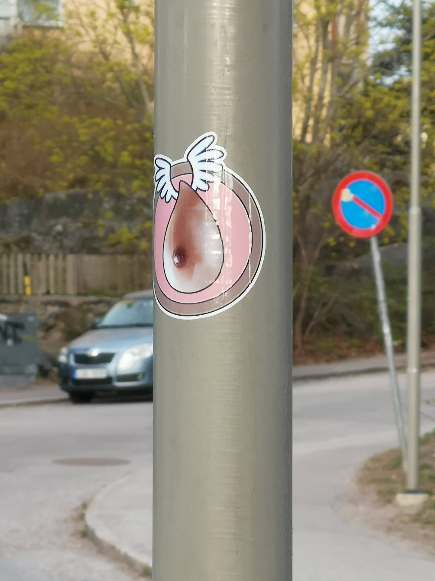 The sticker features a stylized, light brown human breast with a darker brown nipple, set against a distressed pink background within a circular frame. White, feathery wings extend from the top of the breast. The entire design is outlined in black, followed by a clean white border, giving it a cartoonish and whimsical appearance. There are some signs of wear and slight peeling on the edges.