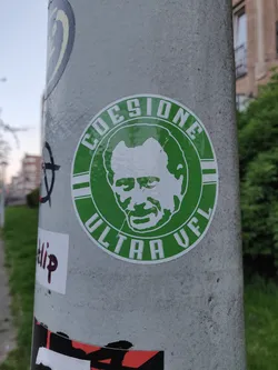 Green and white circular sticker with a portrait and text. The text says 'COESIONE ULTRA VFL'.