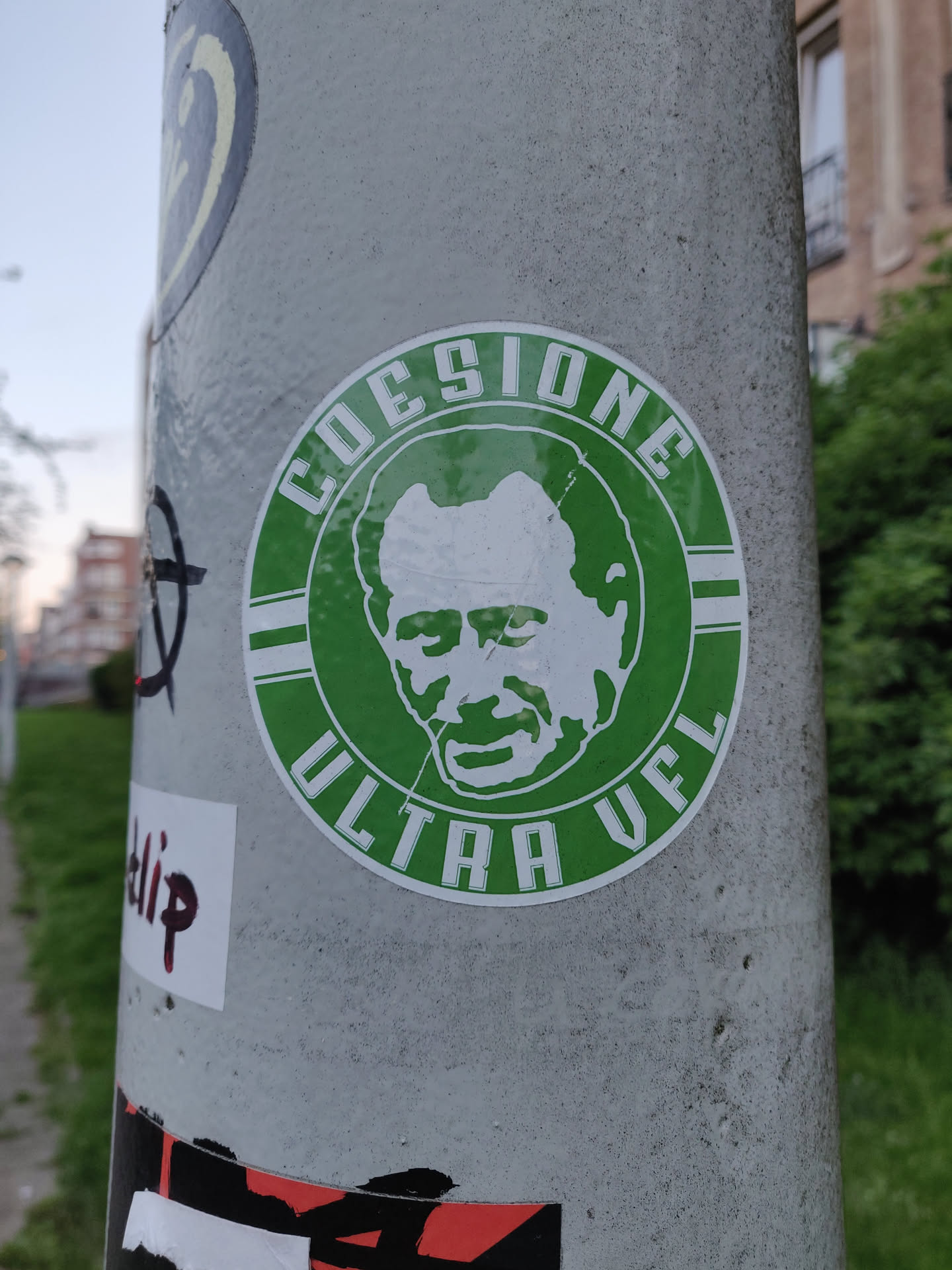 Green and white circular sticker with a portrait and text. The text says 'COESIONE ULTRA VFL'.