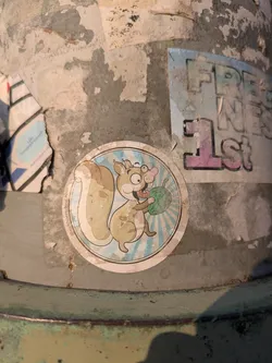 A circular sticker featuring a cartoon squirrel with large, expressive eyes and spectacles. The squirrel, light brown in color, has its tongue playfully sticking out and is holding a green, textured object resembling an acorn or a small fruit. The background of the sticker consists of radiating light blue and white stripes. Along the left edge of the circular design, the text "@eichhoernchen.biz" is printed vertically. The sticker is affixed to a weathered, peeling pole.