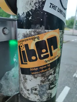 A slightly weathered sticker for the student association LIBER in Amsterdam. The sticker features their logo and website address. 