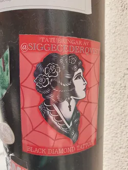 A sticker featuring a traditional tattoo style illustration of a woman's face with roses in her hair. The background is red with a spiderweb pattern. The text on the sticker says "TATUERINGAR AV @SIGGECEDERQVIST" and "BLACK DIAMOND TATTOO".