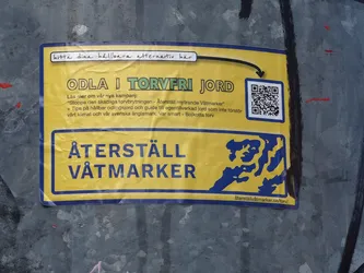 The sticker is a rectangular, yellow-dominant design with rounded corners, affixed to a textured grey wall. It features a prominent blue border. At the top, a white box contains handwritten-style text 'hitta dina hållbara alternativ här' (find your sustainable alternatives here), with a black arrow pointing to a QR code on the right. The main message 'ODLA I TORVFRI JORD' (Grow in peat-free soil) is displayed in large green capital letters. Below this, smaller black text provides details about a campaign to stop peat extraction and offers tips for sustainable, climate-friendly gardening. The bottom section features the bold blue text 'ÅTERSTÄLL VÅTMARKER' (Restore Wetlands) alongside an abstract blue graphic, possibly representing water or a wetland. A website URL is visible in the bottom right corner. The sticker shows signs of wear, including creases and wrinkles.
