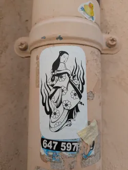 The sticker depicts a black and white geisha figure adorned with floral patterns on her kimono, surrounded by stylized flames. It is stuck on a peach colored pipe, near a number and another sticker of a rubber duck.
