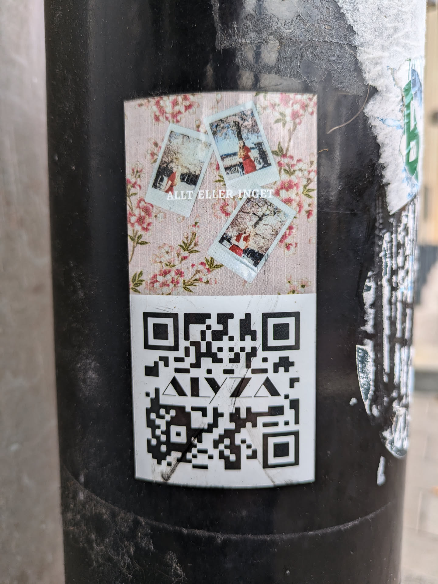 A sticker with a pink floral background and three polaroid photos of a person in a red coat. A QR code is at the bottom of the sticker.