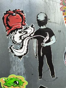 This sticker features a stylized illustration of a boy wearing a cap, walking away from a red heart-like shape that morphs into an abstract wave. The style is dark and slightly edgy, with bold outlines and minimal color.