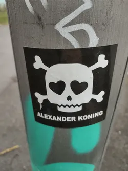 A black and white sticker of a skull with crossbones and heart-shaped eyes. The text 'ALEXANDER KONING' is printed below the skull. The sticker is affixed to a gray pole.