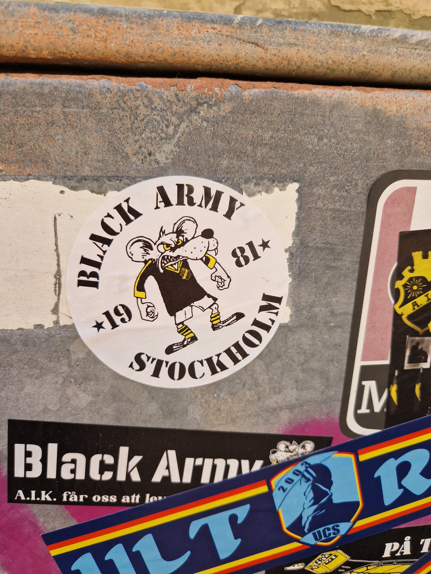 A round sticker featuring a cartoon rat wearing a jersey. The text on the sticker says 'Black Army' '19' '81*' and 'Stockholm'.