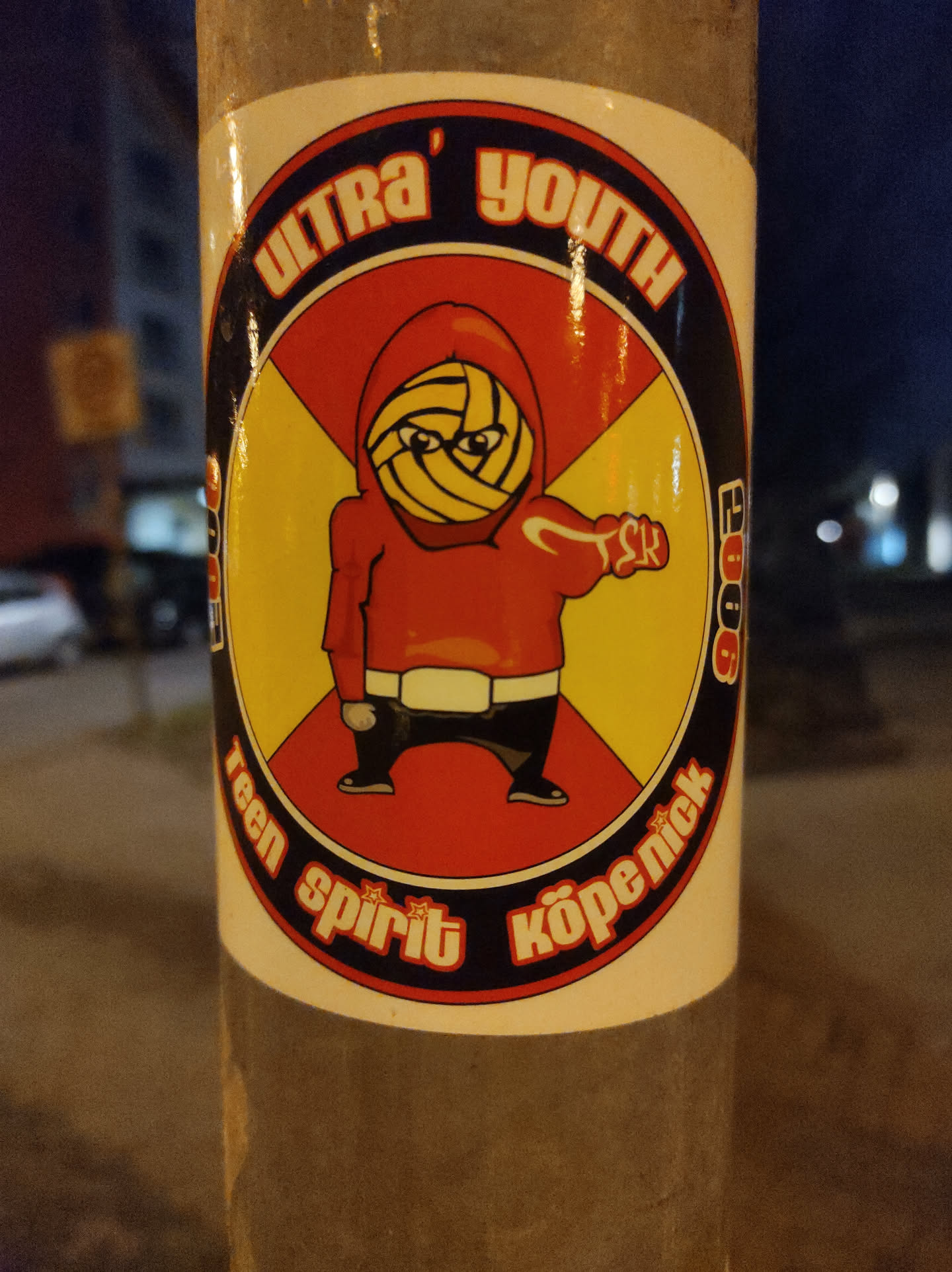 A round sticker featuring a cartoon figure wearing a red hooded sweatshirt with a volleyball as a head.  The text "Ultra Youth" is at the top, with "Teen Spirit Köpenick" at the bottom. The year 2005 is also visible.