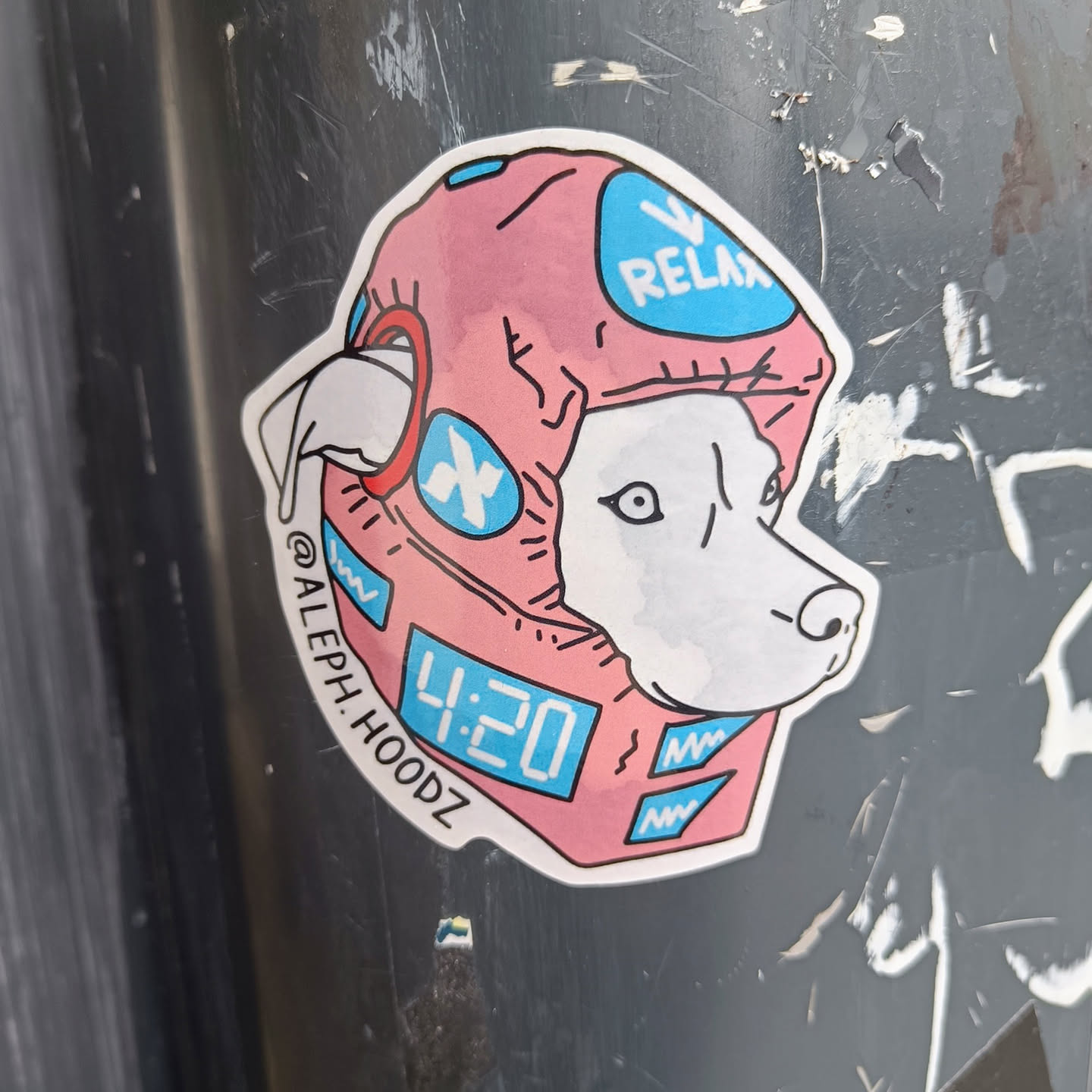 A sticker featuring a dog wearing a pink helmet with "Relax" written on it and a digital clock displaying 4:20. The artist's Instagram handle is @Aleph.Hoodz.