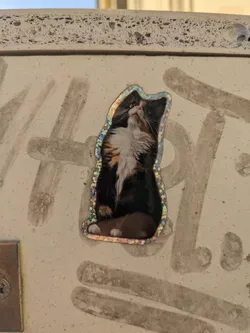 A sticker of a calico cat sitting. The sticker has a sparkly iridescent border. It is applied to a light beige surface with some dirt marks.