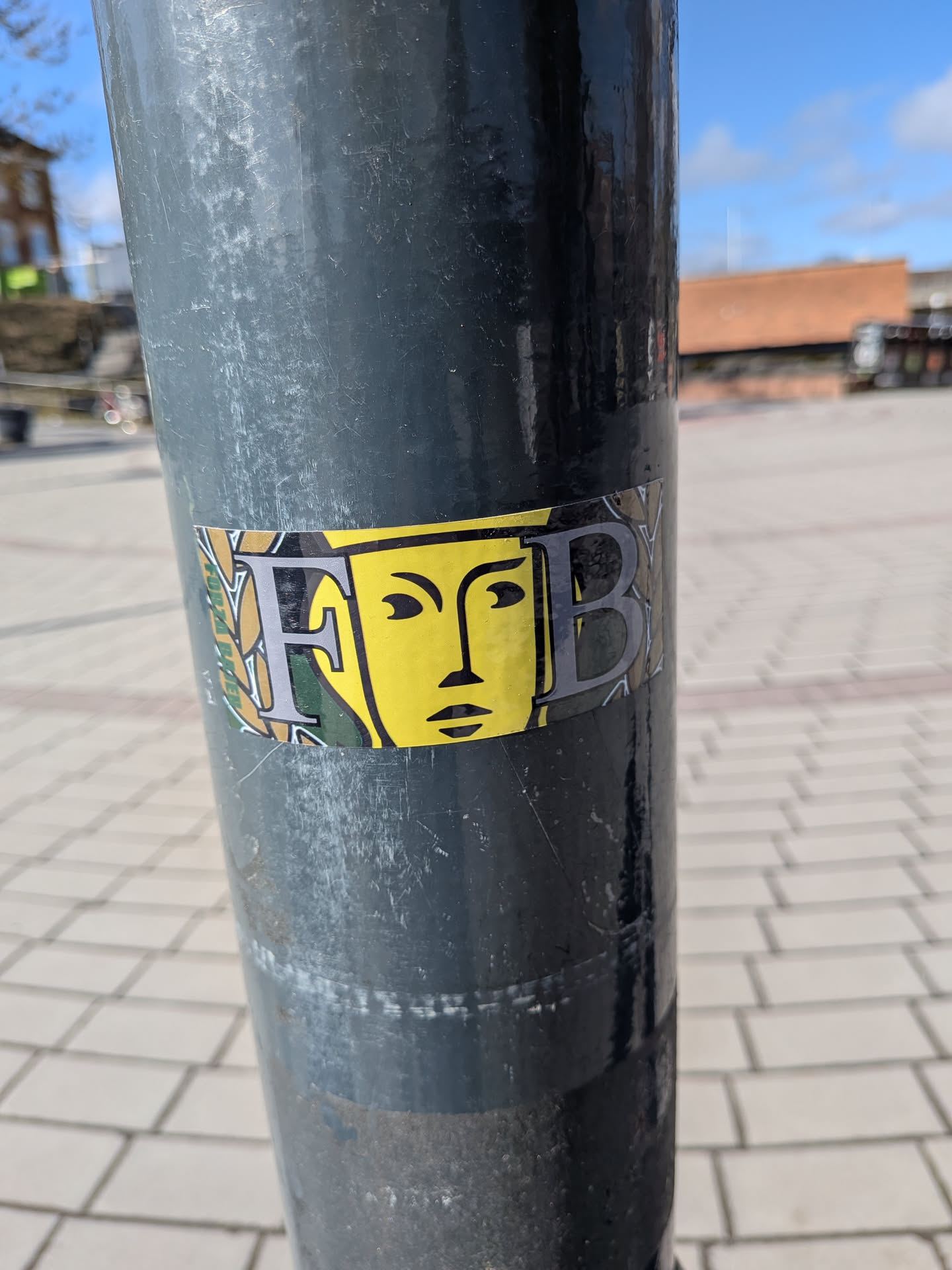 The sticker features a stylized, minimalist face in bright yellow with black outlines for the eyes, nose, and mouth, giving it a neutral expression. To the left of the face, a large, grey 'F' is partially framed by a green and gold/brown foliage design, possibly a laurel wreath. To the right of the face, a large, grey 'B' is visible. Along the far left edge, vertically oriented, the text 'FORZA RAGAZZI' is written in white against a green background. The overall design is graphic and bold, set against the dark grey of the pole.
