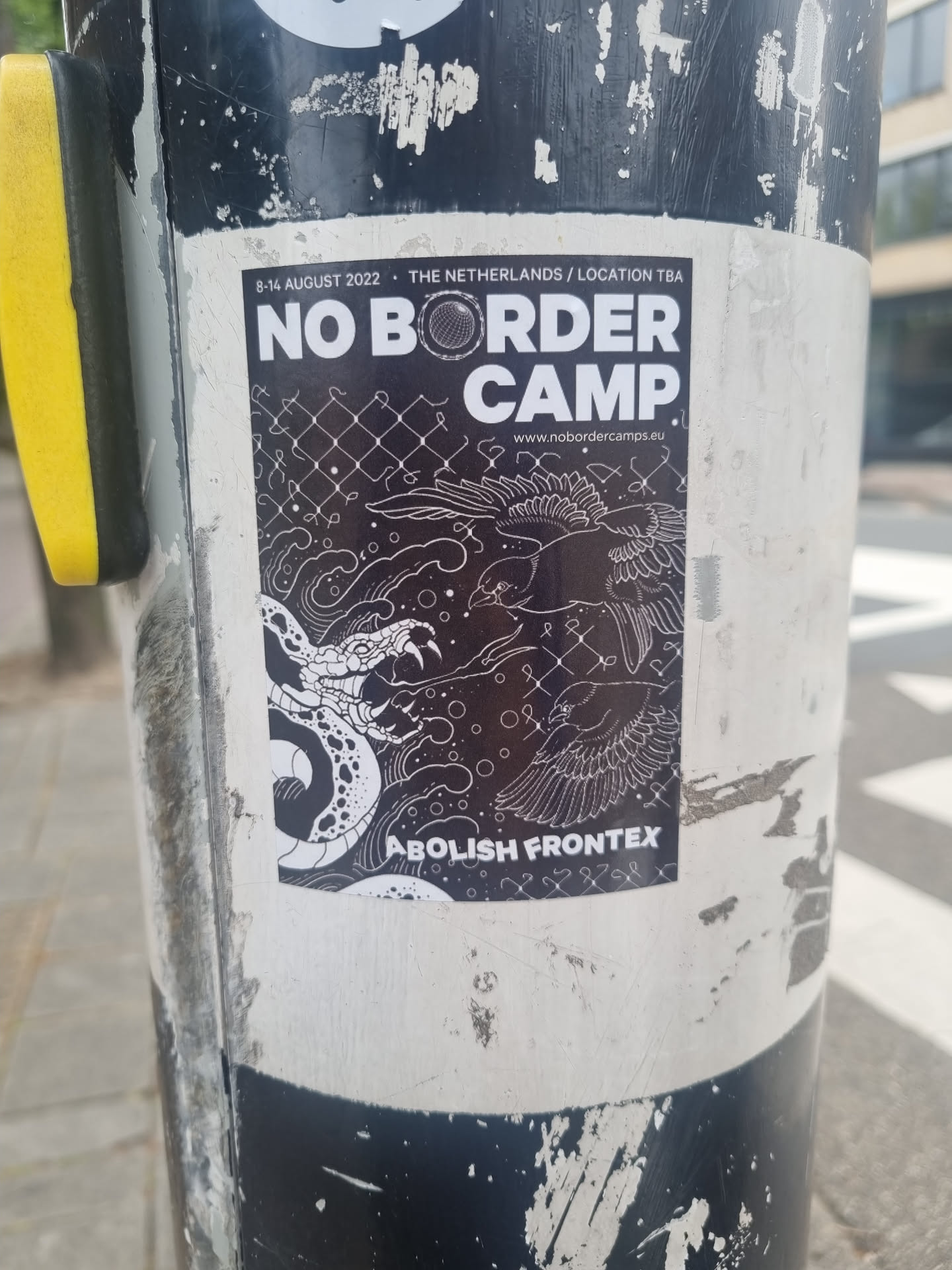 Sticker promoting the No Border Camp event that took place in the Netherlands in August 2022.  The design features a snake and bird entangled in a fence, with the text 'Abolish Frontex'.