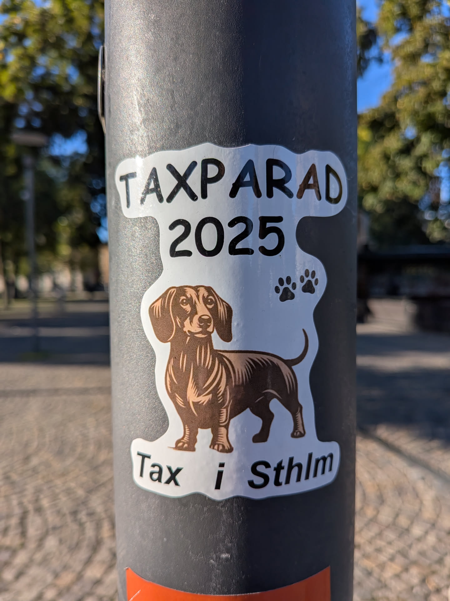 The sticker features a stylized illustration of a brown dachshund with a white chest and paws, standing on a white background. Above the dog, the text 'TAXPARD 2025' is prominently displayed in bold black letters. To the right of the text, there are two small black paw prints. Below the dog, the text 'Tax i Sthlm' is written in black letters. The overall shape of the sticker is irregular, with a white border.
