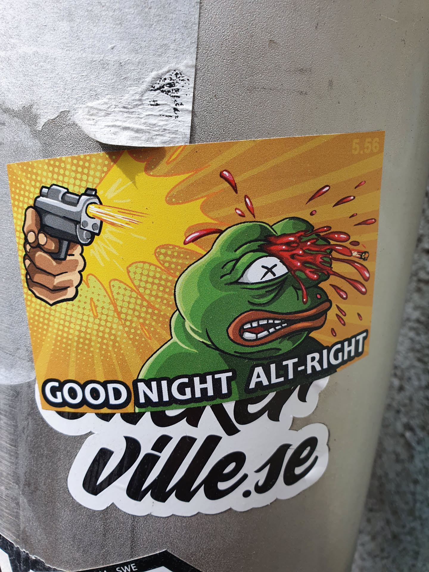 A sticker depicting Pepe the Frog being shot in the head. The text "Good Night Alt-Right" is visible on the sticker, along with a website address: ville.se. The sticker has a violent and political theme.