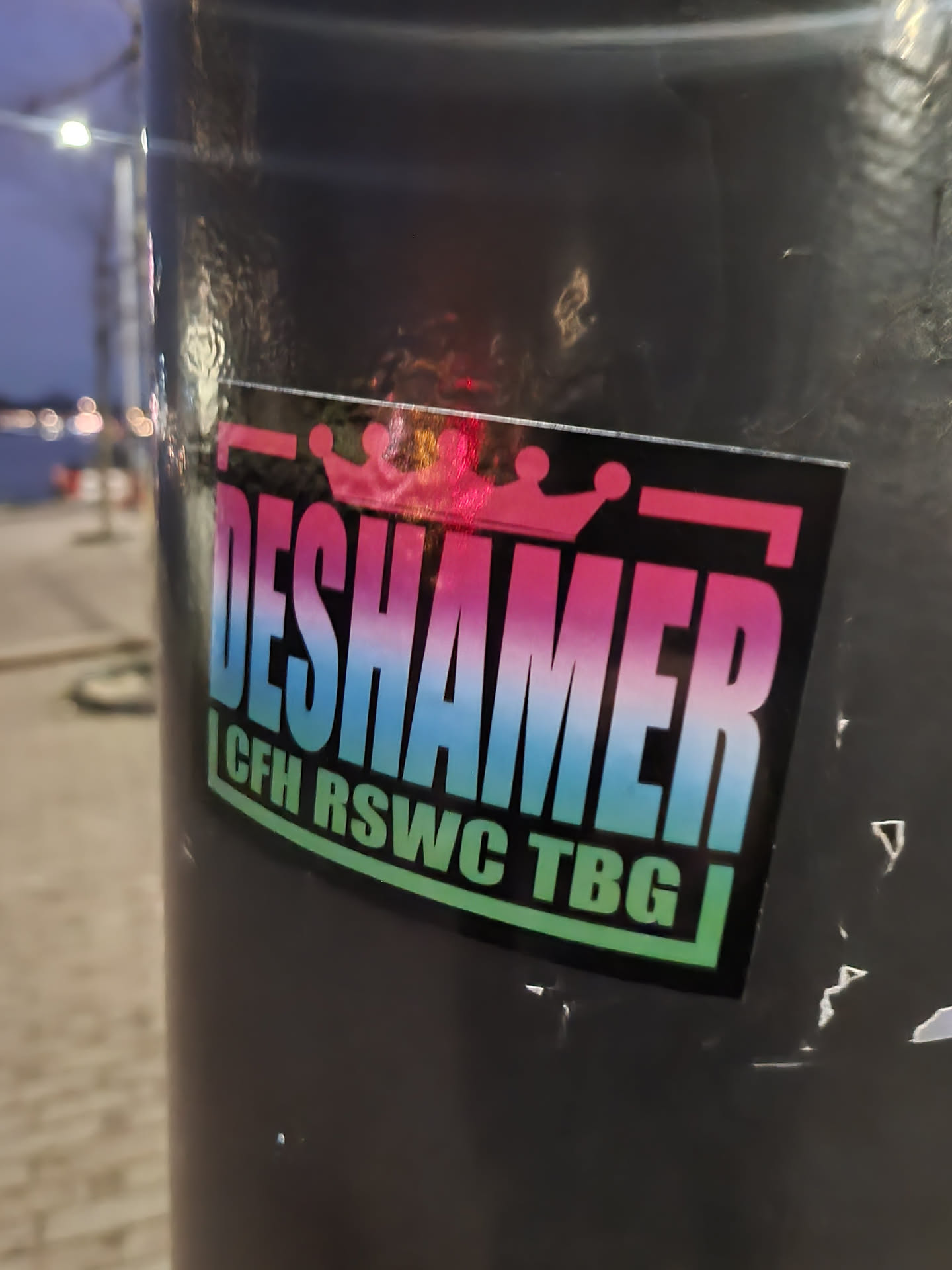 A black rectangular sticker with the word DESHAMER in rainbow colors.  Above the word, there are two crowns. Underneath, there are the letters CFH RSWC TBG. The sticker is affixed to a dark gray pole.