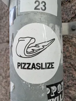 A white round sticker with a black outline of a pizza slice and the word PIZZASLIZE underneath. The sticker is affixed to a gray metal pole.