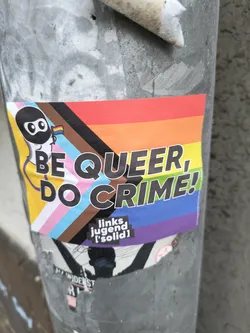 The sticker features a stylized character with a black mask and large white eyes, holding a small rainbow flag. Behind the character, a vibrant rainbow flag is depicted, incorporating the transgender and intersex pride colors (pink, light blue, white, brown, and black). Bold black text with white outlines reads 'BE QUEER, DO CRIME!'. Below this, in a smaller black box with white text, are the words 'links jugend [solid]'. The sticker appears to be adhered to a metal pole.