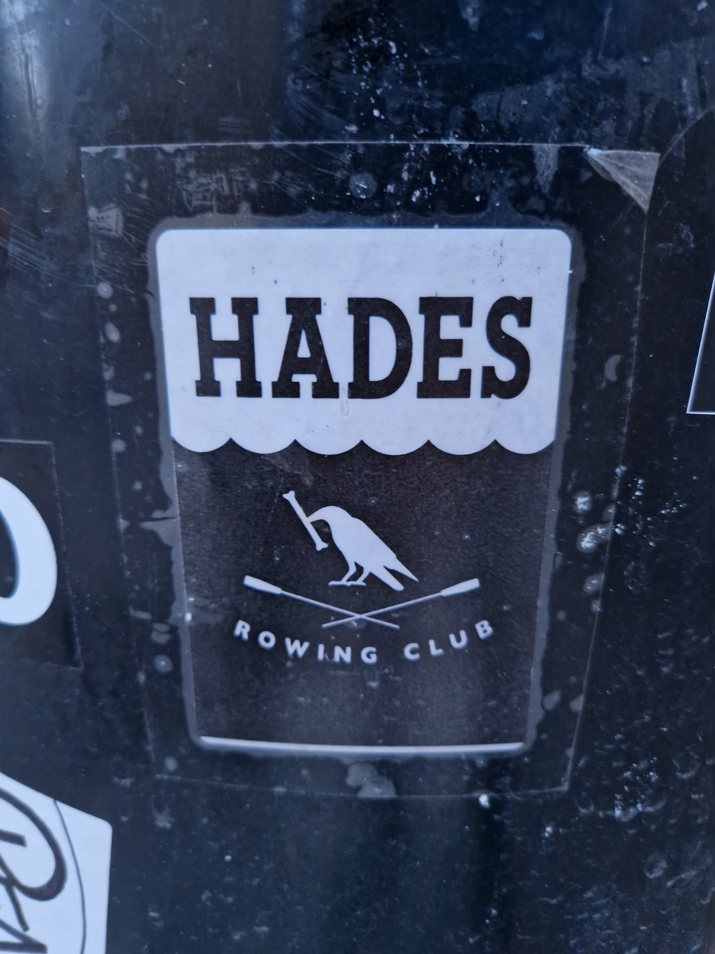 Black and white sticker featuring the name "HADES" in bold uppercase letters above an illustration of a crow holding a bone, crossed oars, and the words "ROWING CLUB" underneath. The design is simple and striking.