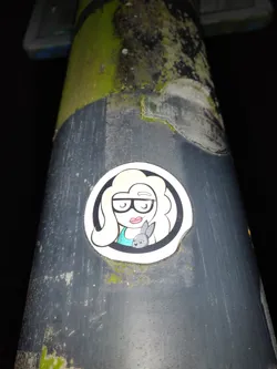 A round sticker featuring an illustration of a girl with long blonde hair, wearing glasses and a teal top, holding a small grey rabbit. The style is cartoonish and colorful.