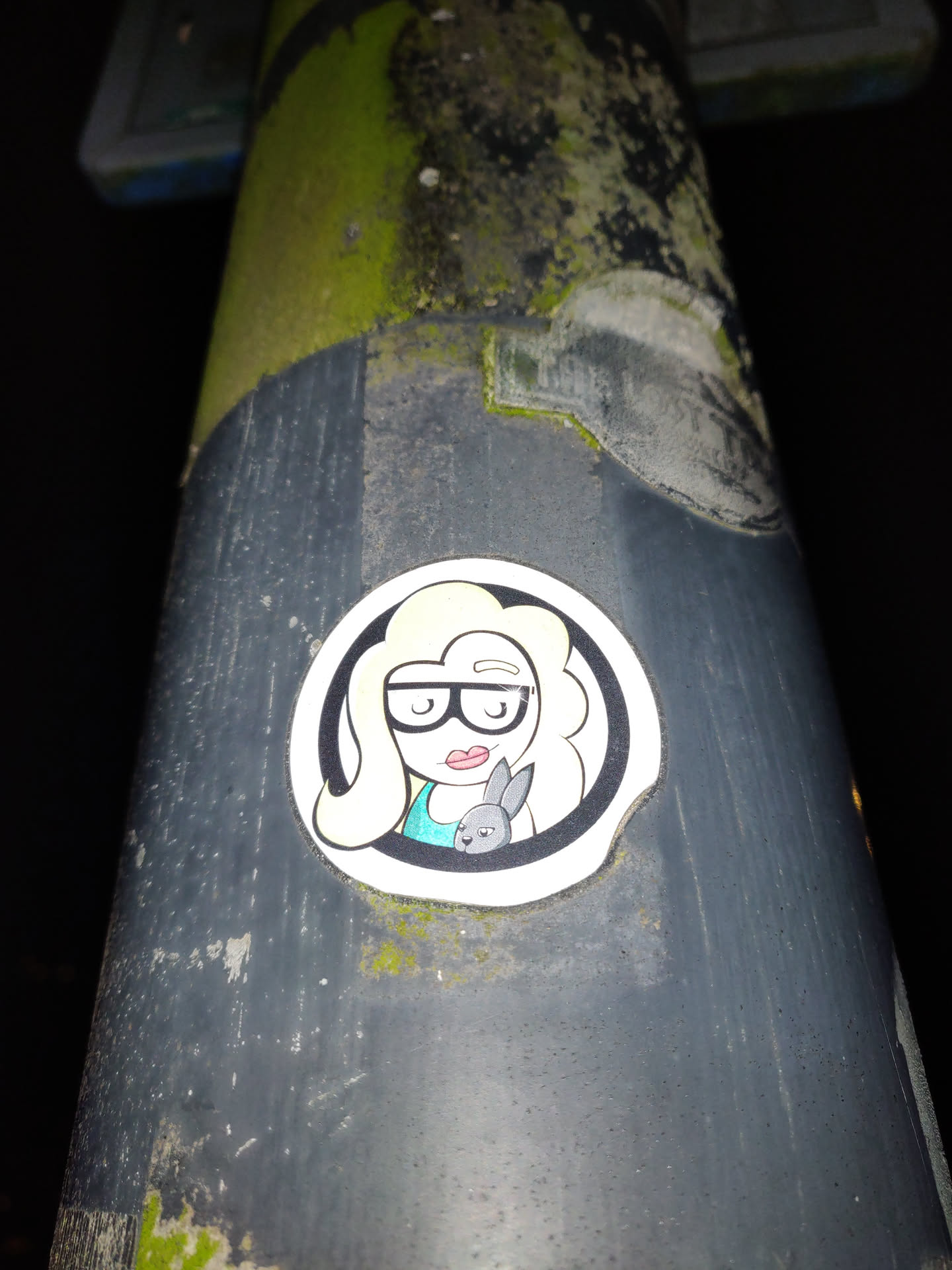 A round sticker featuring an illustration of a girl with long blonde hair, wearing glasses and a teal top, holding a small grey rabbit. The style is cartoonish and colorful.
