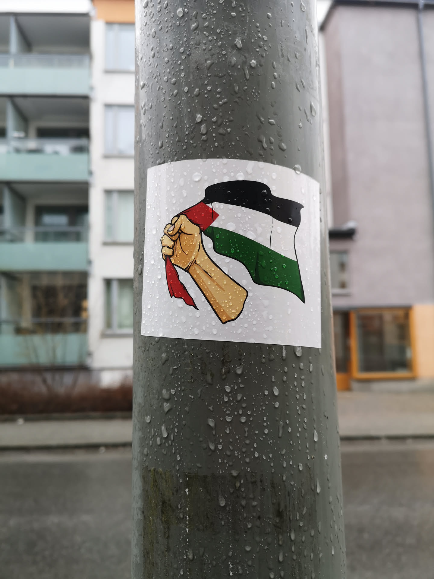 The sticker features a stylized illustration of a light-skinned hand with a brown outline, firmly grasping a waving flag. The flag displays the colors of the Palestinian flag: a black stripe at the top, a white stripe in the middle, and a green stripe at the bottom, with a prominent red triangle on the left side. The flag is depicted with dynamic folds, suggesting movement. The sticker has a clean white background and is applied to a grey pole, with numerous water droplets visible on its surface, indicating it's outdoors and wet. The overall style is graphic and illustrative.
