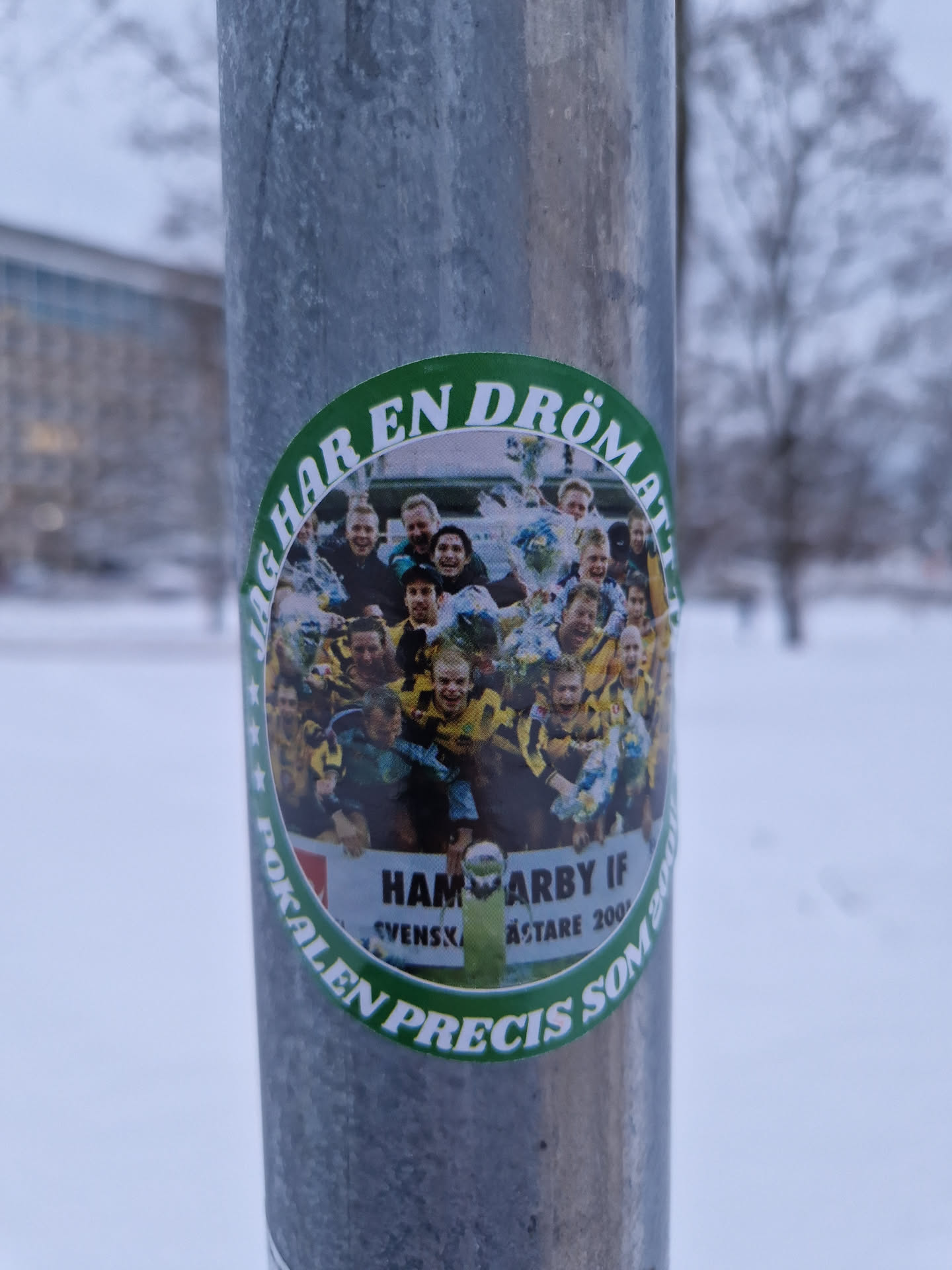 A round sticker featuring a photo of a Hammarby IF team. The text around the image says: "Alla har en dröm att förverkliga precis som Hammarby IF Svenska Cupmästare 2001".