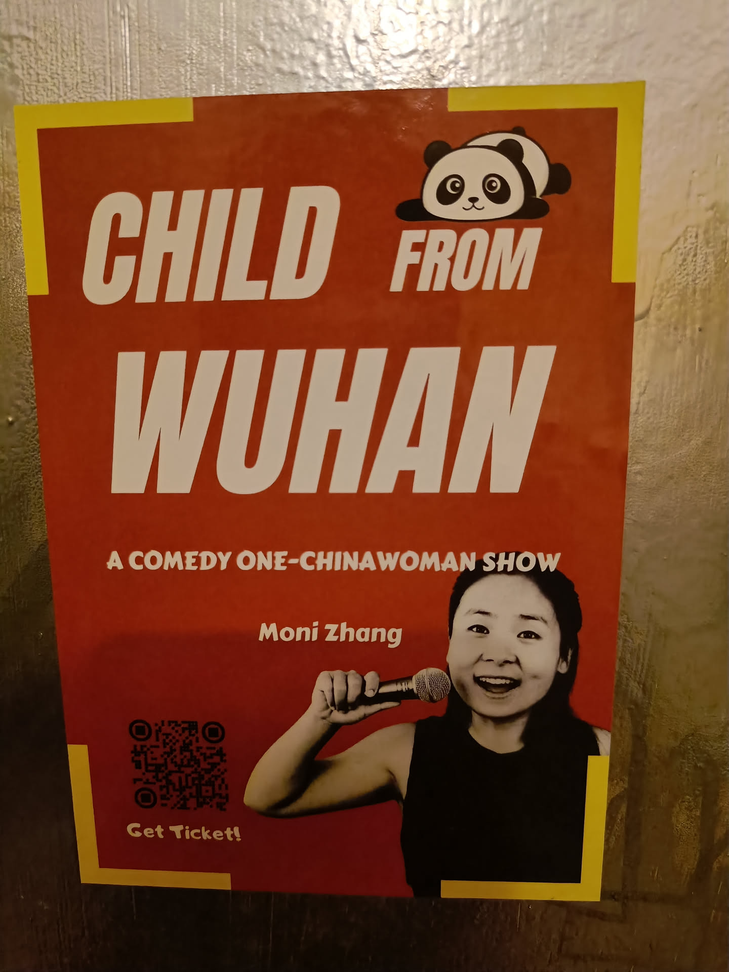 A comedy show poster featuring Moni Zhang. The poster is primarily red with yellow accents and features a cartoon panda.  A QR code is present for ticket purchasing.