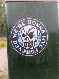 A circular sticker featuring a stylized, menacing skull at its center, rendered in white and grey tones with black outlines. Behind the skull, there's a background composed of wavy, abstract shapes in various shades of blue, resembling a distorted sky or water. Encircling the central design is a thick black border with white text that reads "WE'RE GONNA LIVE FOREVER" in an uppercase, slightly distressed font. The sticker is affixed to a dark green, possibly metallic, pole or post, which is visibly covered in numerous water droplets, indicating it's wet. The sticker itself shows minor wear and slight creasing around its edges, consistent with an outdoor application.