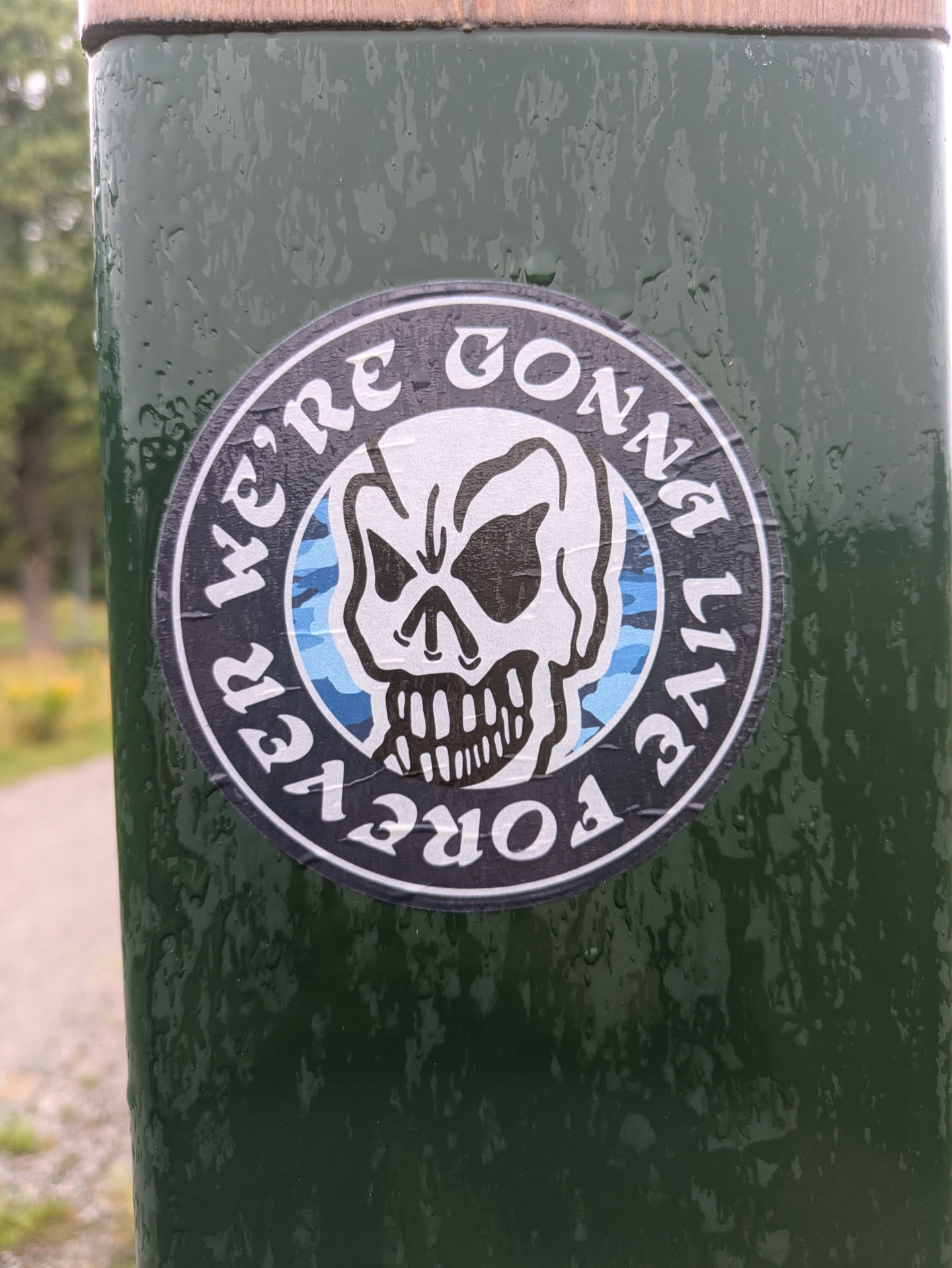 A circular sticker featuring a stylized, menacing skull at its center, rendered in white and grey tones with black outlines. Behind the skull, there's a background composed of wavy, abstract shapes in various shades of blue, resembling a distorted sky or water. Encircling the central design is a thick black border with white text that reads "WE'RE GONNA LIVE FOREVER" in an uppercase, slightly distressed font. The sticker is affixed to a dark green, possibly metallic, pole or post, which is visibly covered in numerous water droplets, indicating it's wet. The sticker itself shows minor wear and slight creasing around its edges, consistent with an outdoor application.