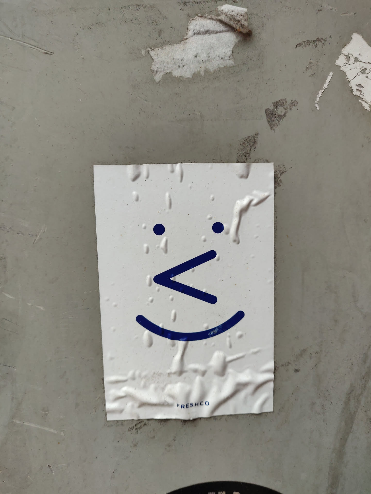 A minimalist white sticker features a simple smiley face with a slightly different mouth design.  The sticker is affixed to a textured gray surface. A small 'FRESHCO' logo is visible at the bottom.
