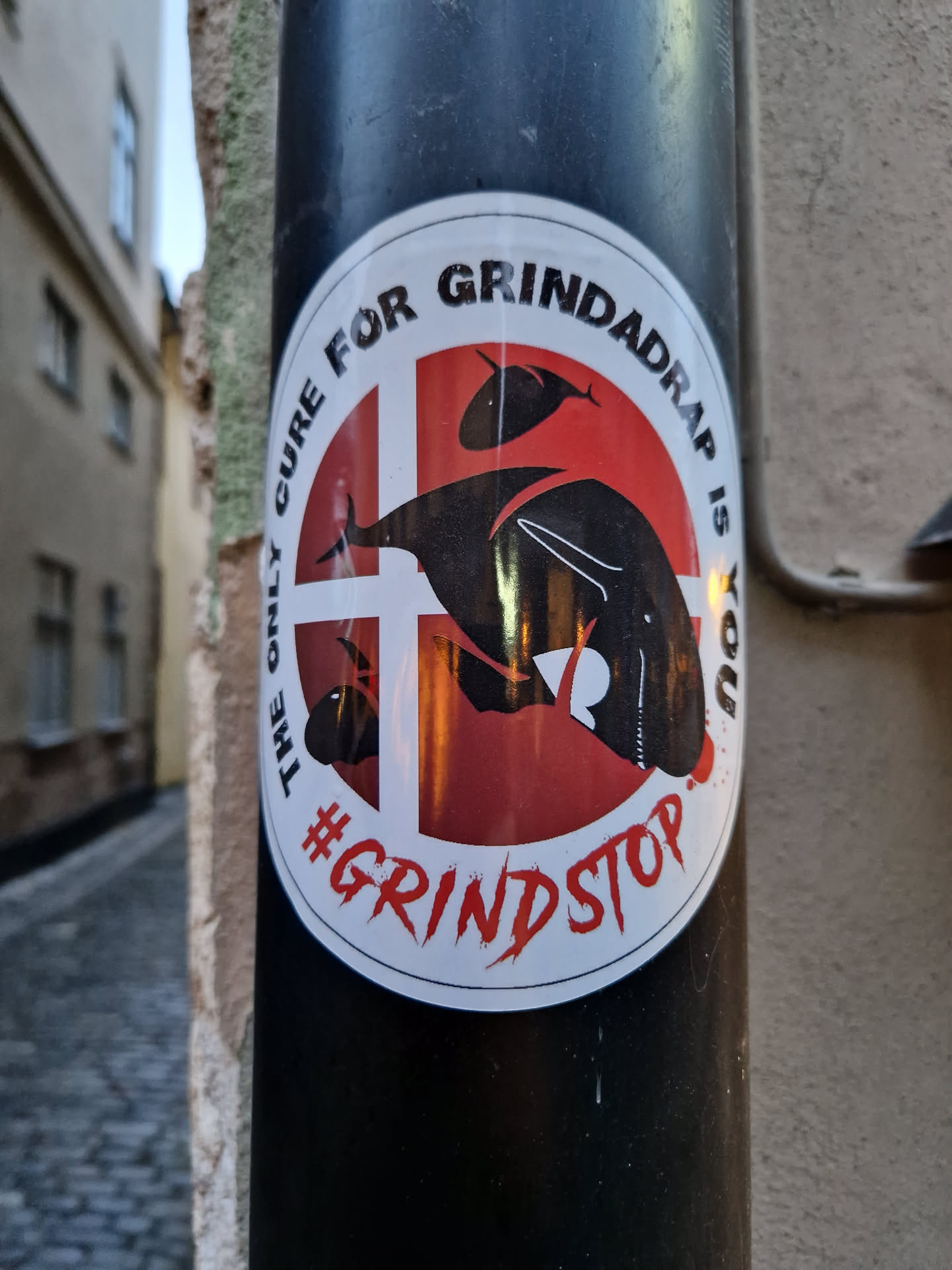 A round sticker with a red background and a black silhouette of a whale and a cross. The text on the sticker says: "The only cure for Grindadrap is you" and "#GrindStop".