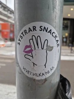 A round sticker featuring a hand with a purple lip print and the text "Systrar Snackar" around the top and "Vivet vilka ni är" around the bottom. The sticker is slightly damaged.