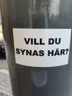 A white sticker with black text on a gray pole. The text says "Vill du synas här?" which translates from Swedish to "Do you want to be seen here?"