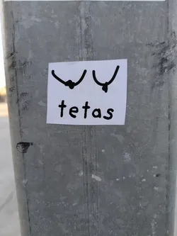 The sticker is adhered to a metal pole. It features a simple line drawing of two breasts, each with a nipple. Below the drawing, the word 'tetas' is handwritten in black marker. 'Tetas' is a Spanish word for breasts or boobs. The sticker is white with black ink.
