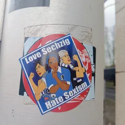 Sticker featuring three women with strong poses, wearing blue and white, and the text 'Love Sechzig Hate Sexism'.