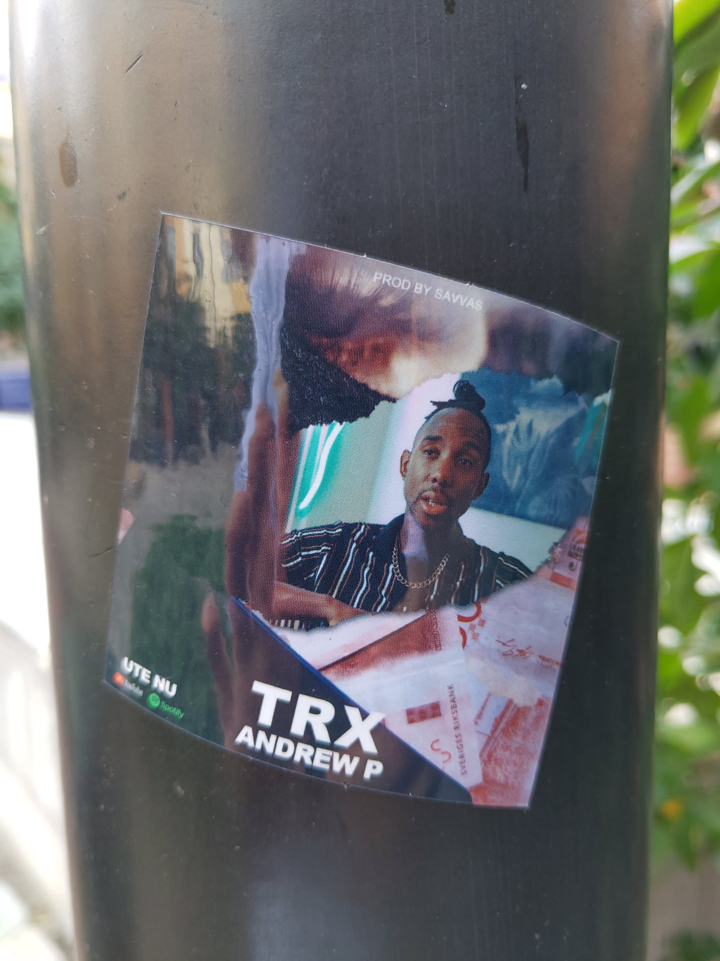 Sticker featuring a portrait of musician Andrew P, with his song title "TRX" and producer credit to Savvas.  Small social media links are visible at the bottom.