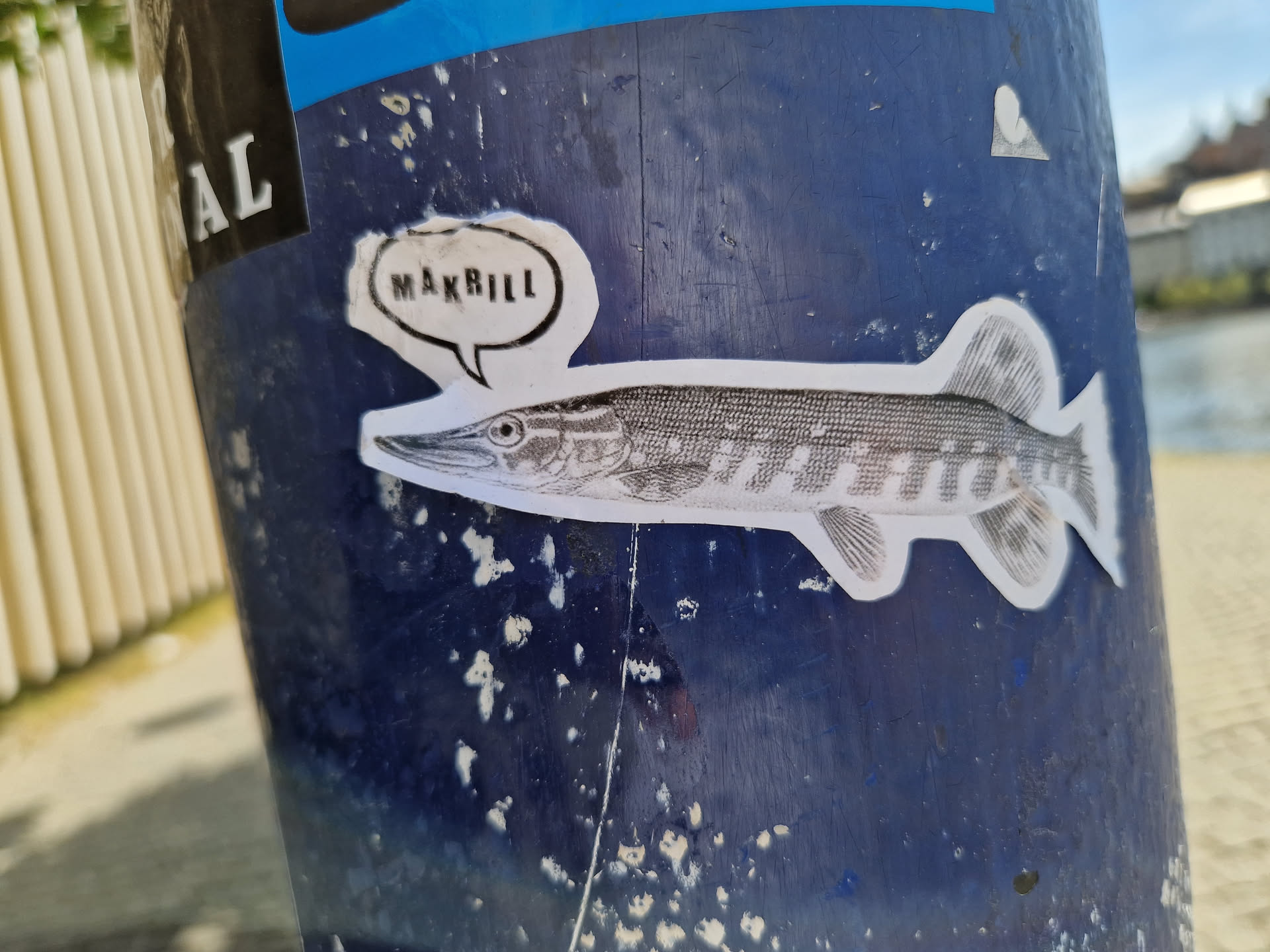 A monochrome sticker depicting a pike fish with a speech bubble above it saying 'MaxBill'. The sticker appears to be affixed to a blue pole outdoors.