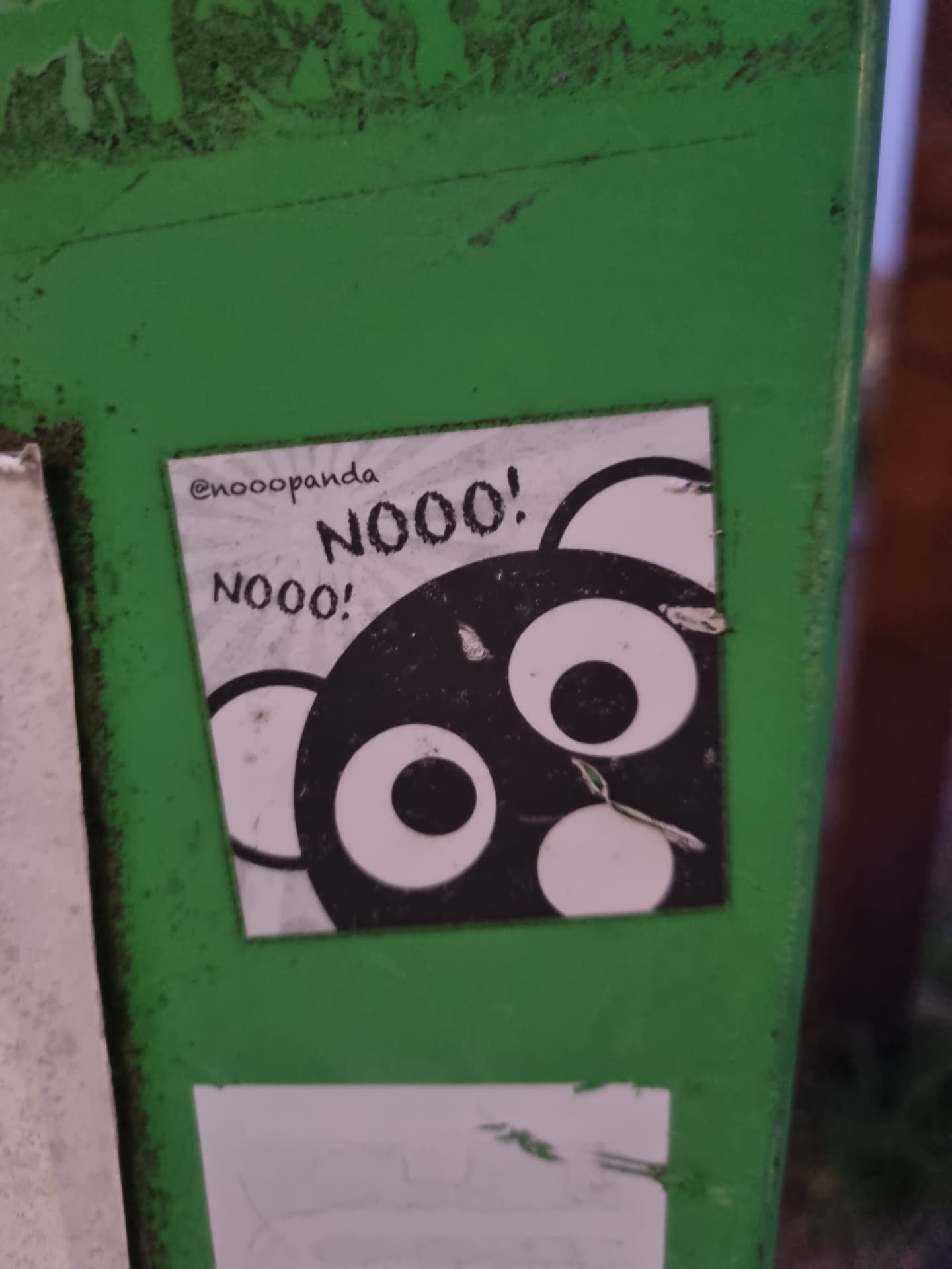 A sticker featuring a cartoon panda with big eyes expressing distress. The text "NOOO!" is repeated twice, and the artist's Instagram handle is written in the top left corner.