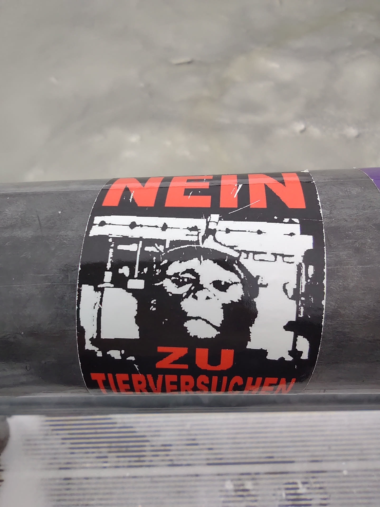 A black and white sticker with a chimpanzee in a cage and the text "NEIN ZU TIERVERSUCHEN" which translates to "No to animal testing".