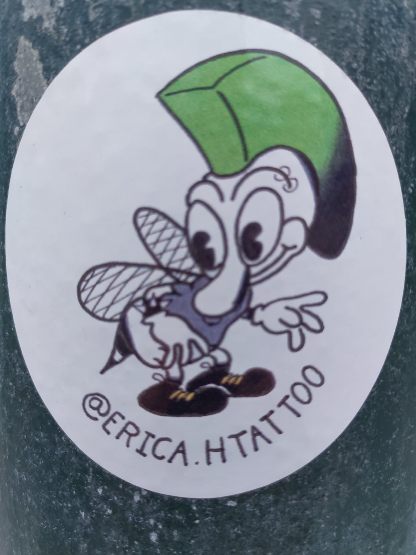 Oval sticker featuring a cartoon illustration of a fly wearing a green hat. The fly has a large nose and is drawn in a vintage style. The text '@erica.htattoo' is visible at the bottom of the sticker.