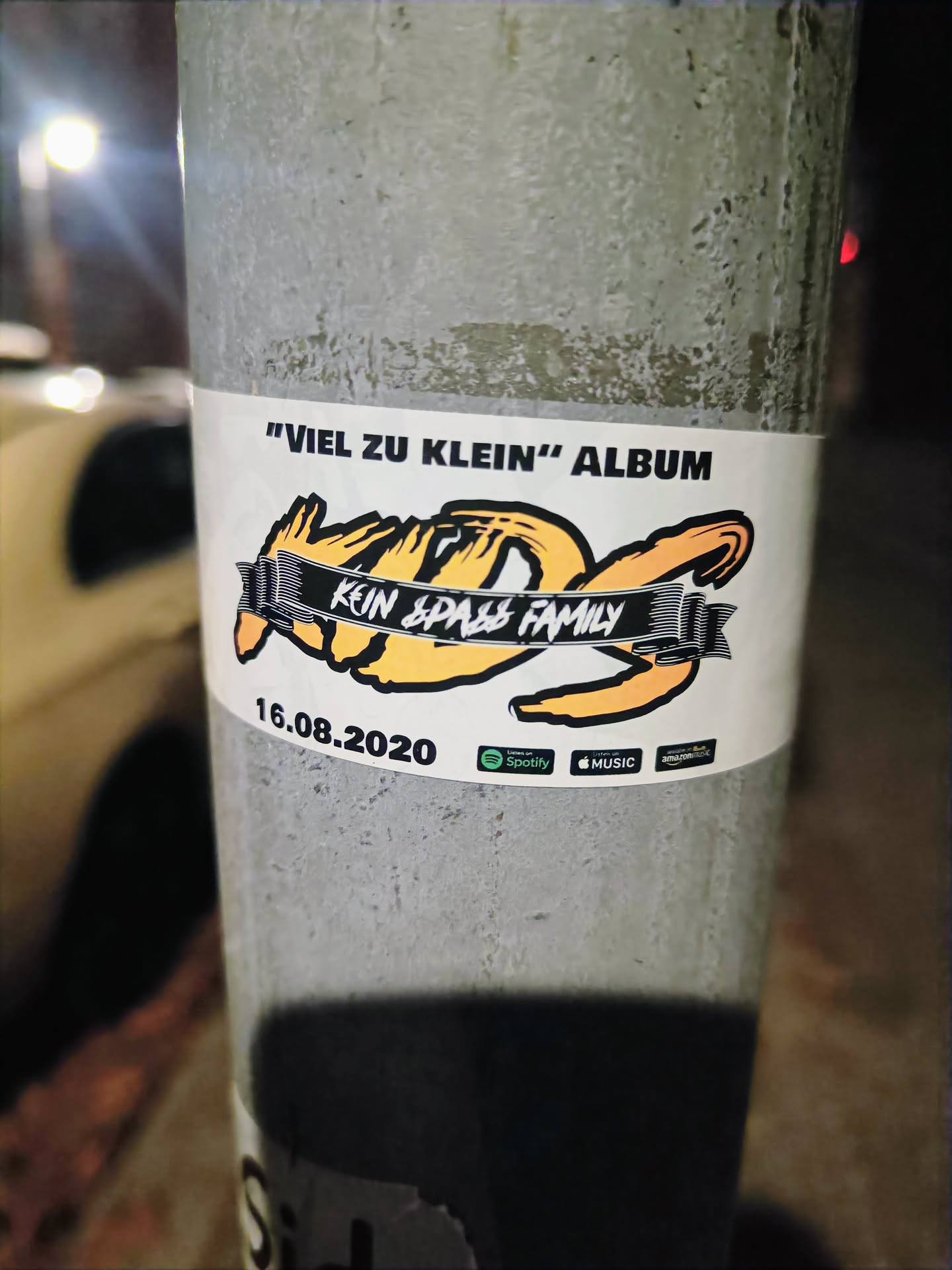 Sticker promoting the album "Viel Zu Klein" by the music group Kein Spaß Family.  The sticker features their logo and release date (16.08.2020).  Links to Spotify, Apple Music, and Amazon Music are included.