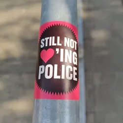 A sticker with the text "Still not loving police" and a pink heart. The sticker is attached to a metal pole.