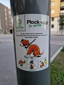 This sticker promotes responsible dog ownership by encouraging owners to clean up after their dogs. It features illustrations on how to properly pick up dog waste and includes the website for the Swedish Kennel Club (SKK).