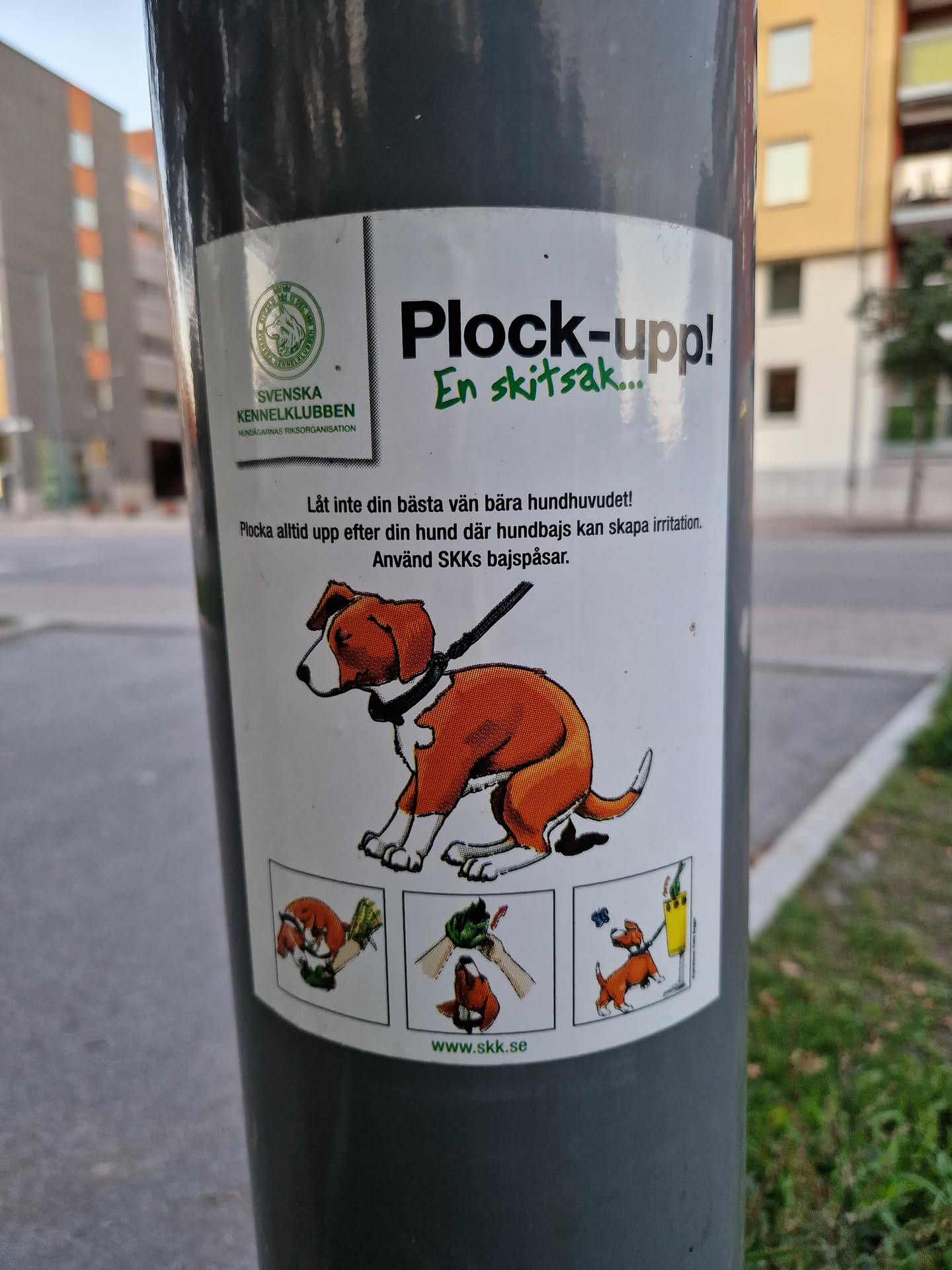 This sticker promotes responsible dog ownership by encouraging owners to clean up after their dogs. It features illustrations on how to properly pick up dog waste and includes the website for the Swedish Kennel Club (SKK).