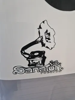 A black and white sticker with a drawing of a gramophone and the text 'Danalon Records'. The design is simple yet evocative of vintage music.