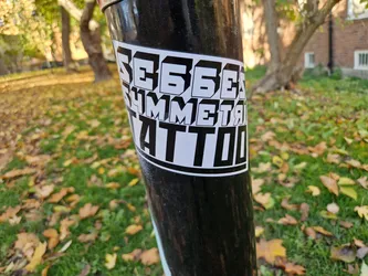 A black and white sticker with the text "SE66EX Symmetrical Tattoo" in a stylized font. The sticker is affixed to a black pole in an outdoor setting.