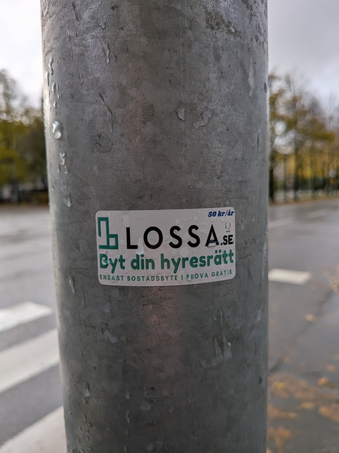 The sticker is rectangular with a white background and a thin green border. On the left side, there is a green logo resembling an abstract building or interconnected squares. To the right of the logo, the text 'LOSSA.SE' is prominently displayed in black and green. Below this, in green text, is 'Byt din hyresrätt'. At the very bottom, in smaller grey text, it reads 'ENDAST BOSTADSBYTE I PROVA GRATIS'. In the top right corner, there is text '50 kr/år' and a small orange circular logo with a white symbol inside.