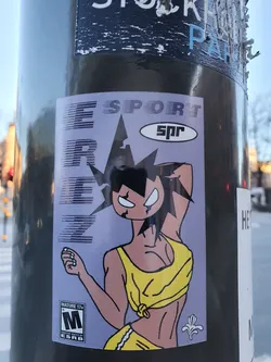 A sticker featuring a stylized female character in a yellow sports top. The design has a retro video game aesthetic with speed lines and a mature 17+ rating symbol. 